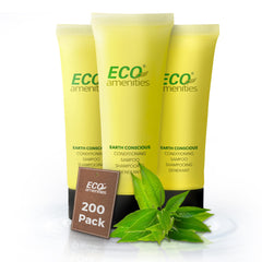 Eco Amenities 2-in-1 travel shampoo and conditioner bottle with green tea scent for on-the-go freshness.