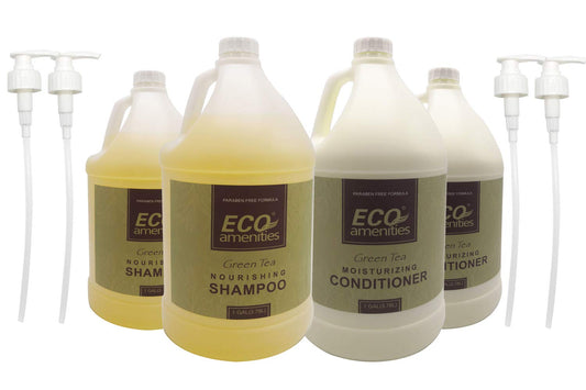 Eco Amenities gallon shampoo with tea tree for a refreshing cleanse in guest bathrooms.