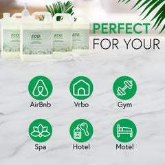 Eco Amenities green tea conditioner refill in bathroom setup with fresh leaves