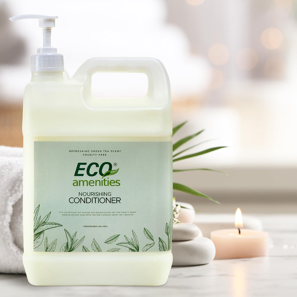 Eco Amenities green tea conditioner refill pack image shows convenient four-pack on shelf