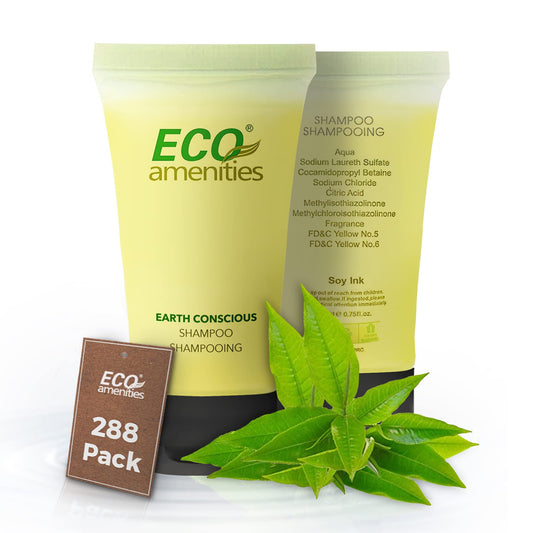 Eco Amenities hotel shampoo tubes pack for bulk guest amenities in a hospitality setting.