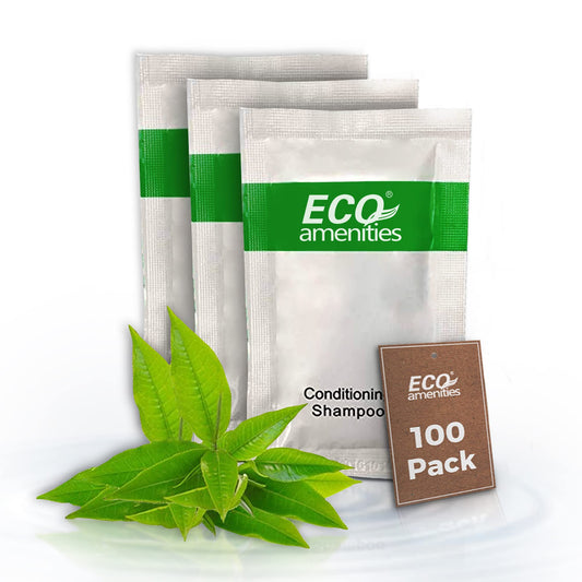 Eco Amenities travel sachet bulk pack for hotels and vacation rentals.