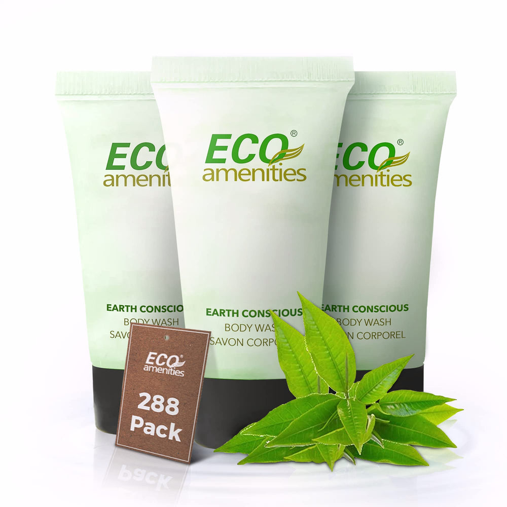 Eco Amenities travel-size body wash bottle for hotel guests, compact and convenient.