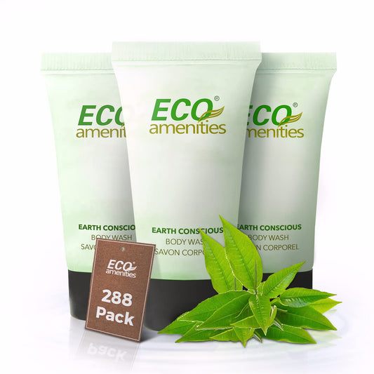 Eco Amenities travel-size body wash bottle for hotel guests, compact and convenient.