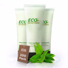 Eco Amenities travel-size body wash bottle with green tea scent for guest rooms.