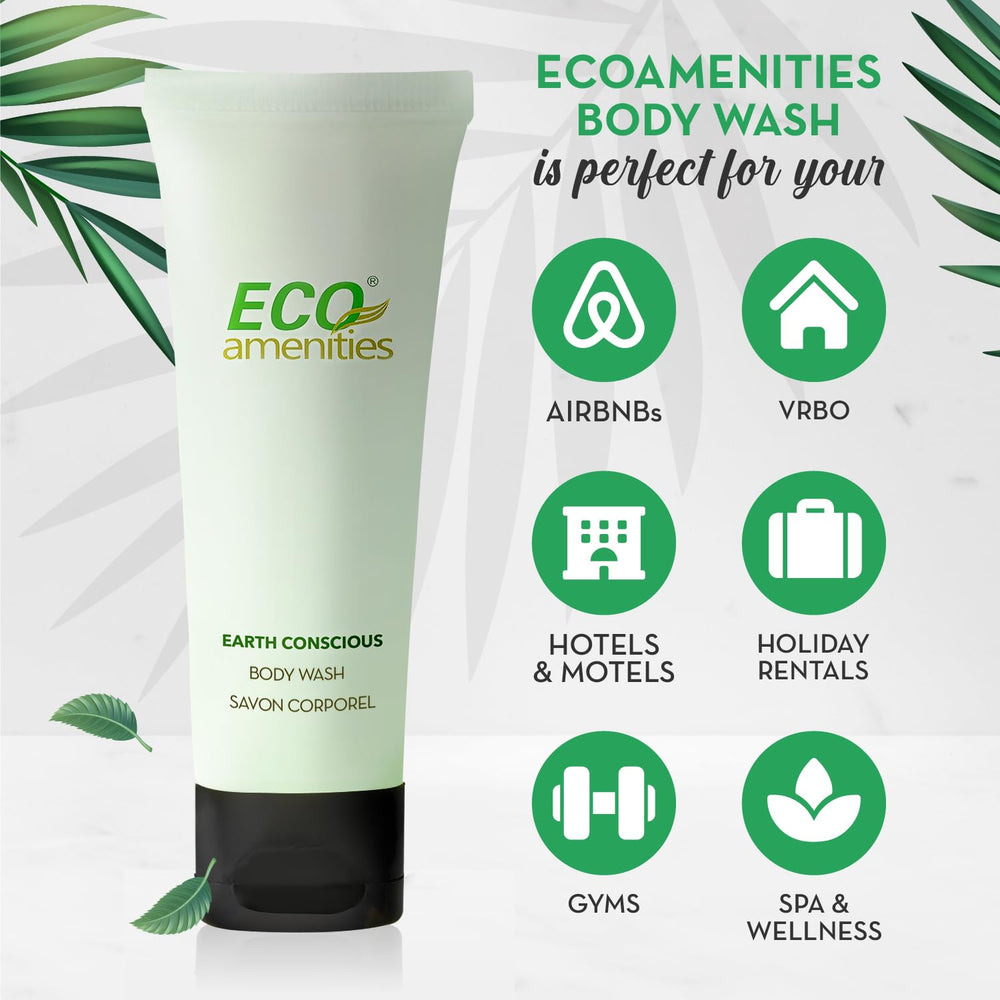 ECO Amenities TSA-approved travel size bottles ideal for hotel travelers.