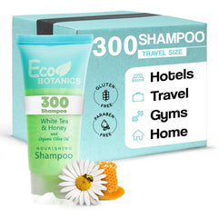 Eco Botanics travel-size shampoo bottles in a 300-count set for hotels, ideal for turnover.