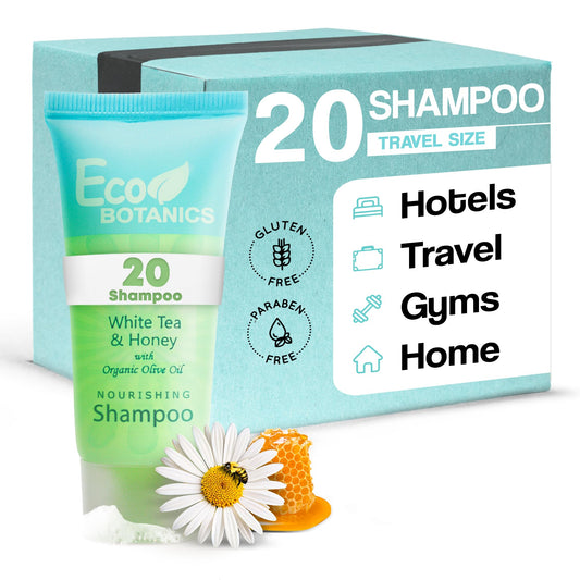 Eco Botanics travel-size shampoo bottle on shelf boosts guest convenience