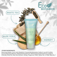 Eco Botanics white tea scent shampoo label evokes luxury hotel amenities
