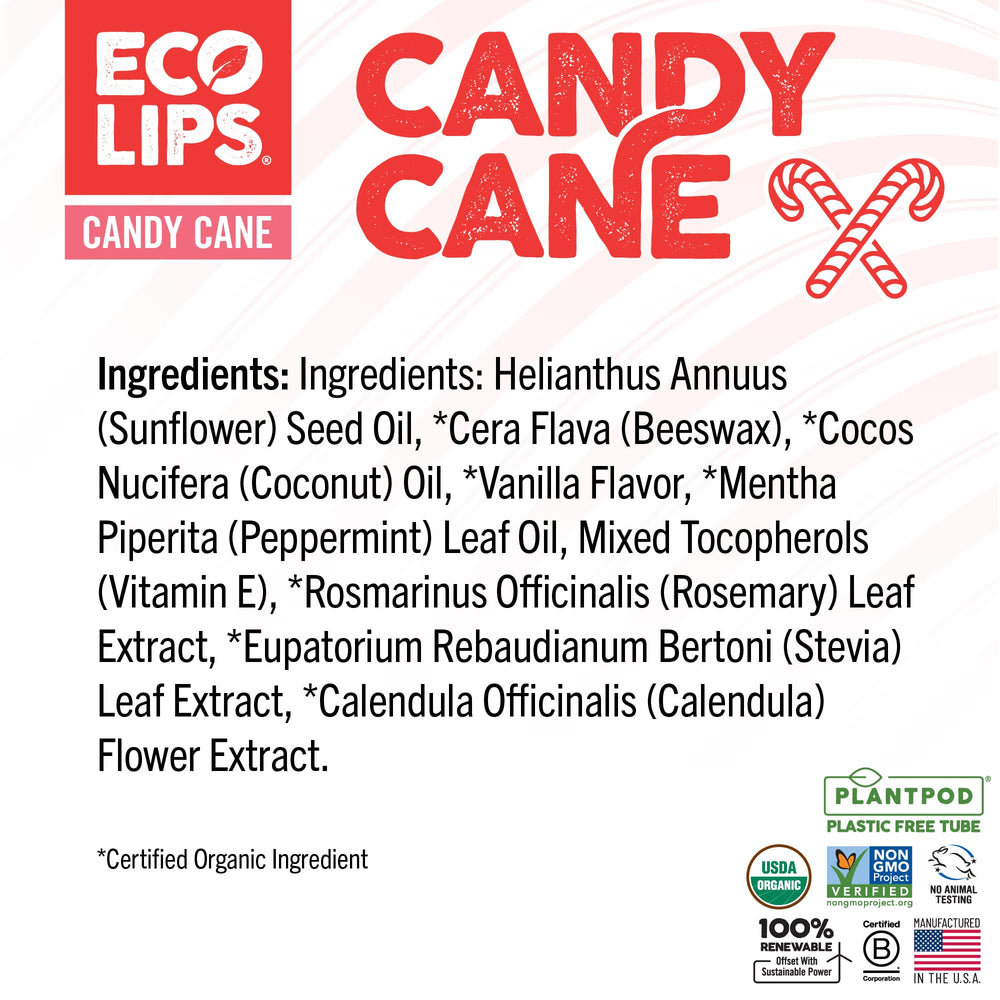 Eco Lips Candy Cane Lip Balm peppermint-vanilla scent.