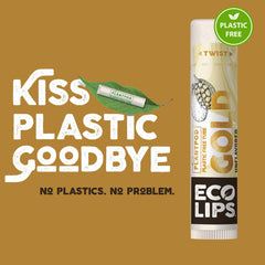 Eco Lips GOLD 6-pack packaging emphasizing plastic-free tubes