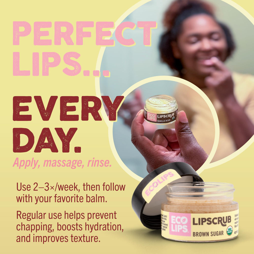 Eco Lips Lip Sugar Scrub jar closeup emphasizes organic sugar exfoliation for soft lips