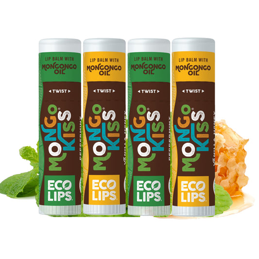 Eco Lips Mongo Kiss lip balm package front with organic seal for dry lips.