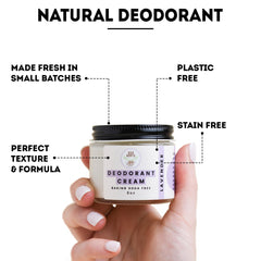 Eco Roots lavender deodorant applied to underarm for soothing freshness.