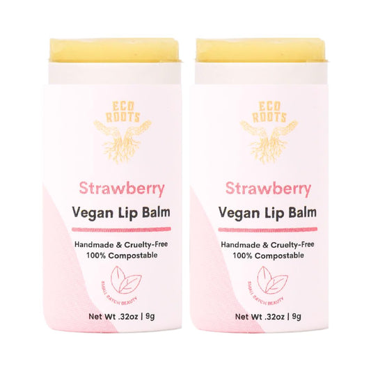 Eco Roots strawberry scented lip balm 2-pack tubes, delivering hydration and a refreshing aroma.