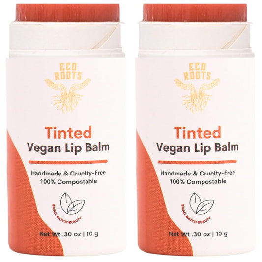 ECO ROOTS tinted lip balm 2-pack packshot with compostable packaging.