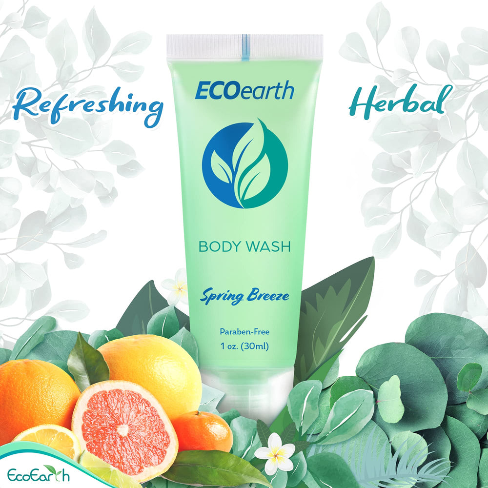 Hotel bathroom amenities set featuring EcoEarth travel-size bottles for guest comfort