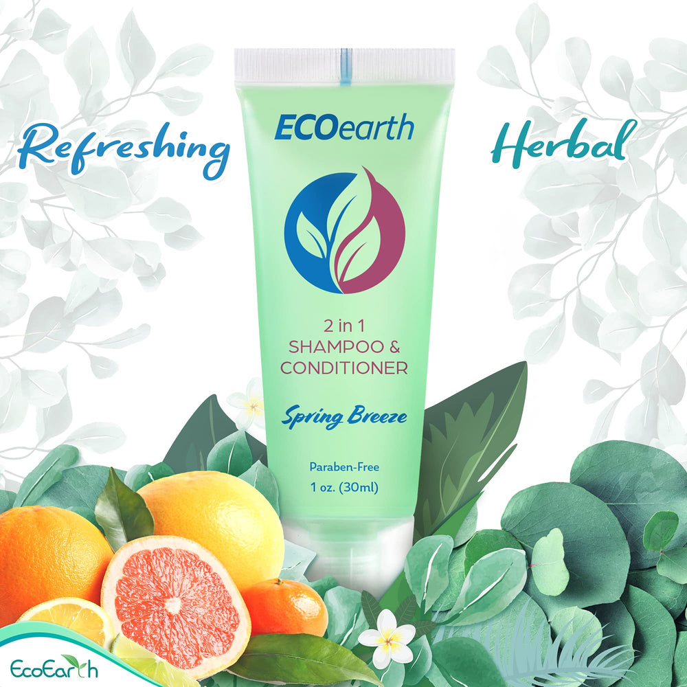 Leak-proof travel cap on EcoEarth 1 oz shampoo-conditioner bottle.
