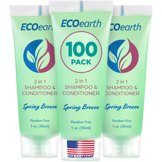 EcoEarth travel 2-in-1 shampoo and conditioner bottle in Spring Breeze scent for hotel amenities.