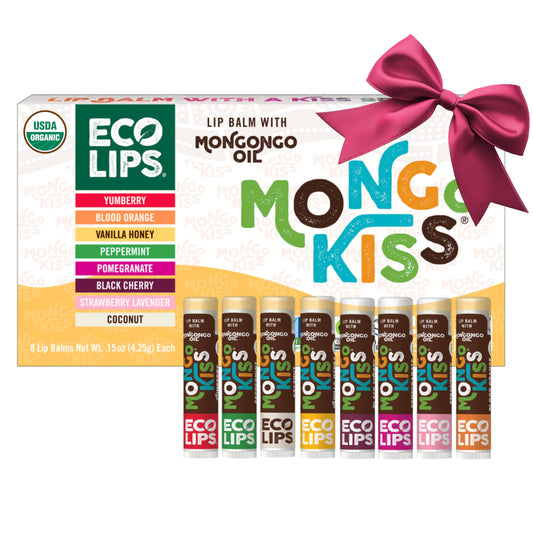 Eco Lips Mongo Kiss 8-pack box shown, ideal gift packaging for moisturized lips.