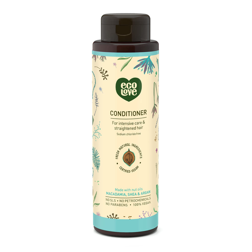 ecoLove deep-conditioning ingredients highlight natural oils and herbs for hydrated, frizz-resistant hair.