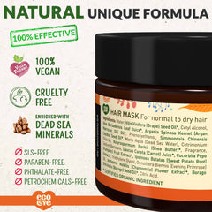EcoLove Hair Mask carrot extract highlights vitamin-rich conditioning for strengthened strands.