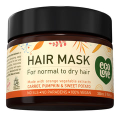 EcoLove Hair Mask orange collection focus nourishes dry, damaged, and curly hair.