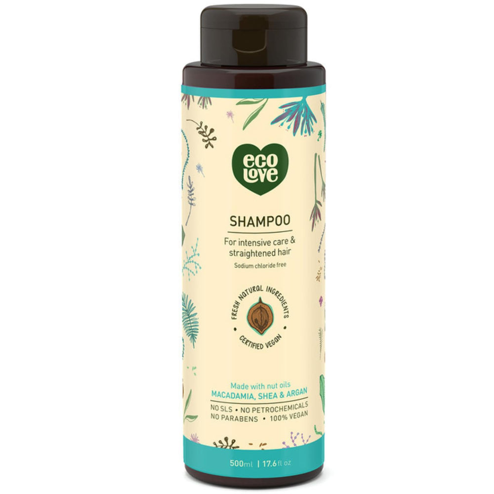 ecoLove natural shampoo bottle on wooden shelf emphasizing sulfate-free care for all hair types