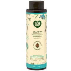 ecoLove natural shampoo bottle on wooden shelf emphasizing sulfate-free care for all hair types