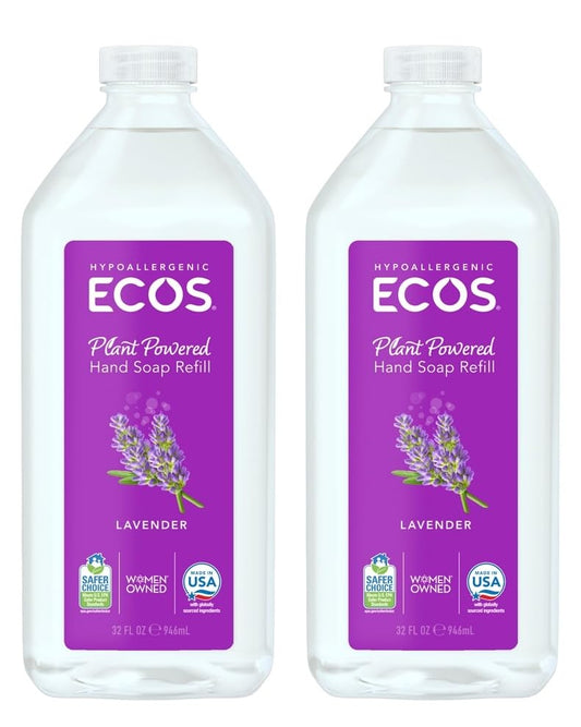 ECOS Lavender Hand Soap Refill 2-pack bottle highlights eco-friendly packaging and plant-based cleansing for daily use.