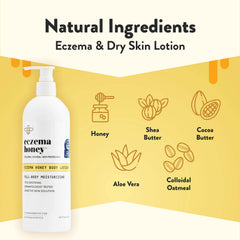 ECZEMA HONEY oatmeal body lotion jar closeup highlights natural ingredients for dry skin care