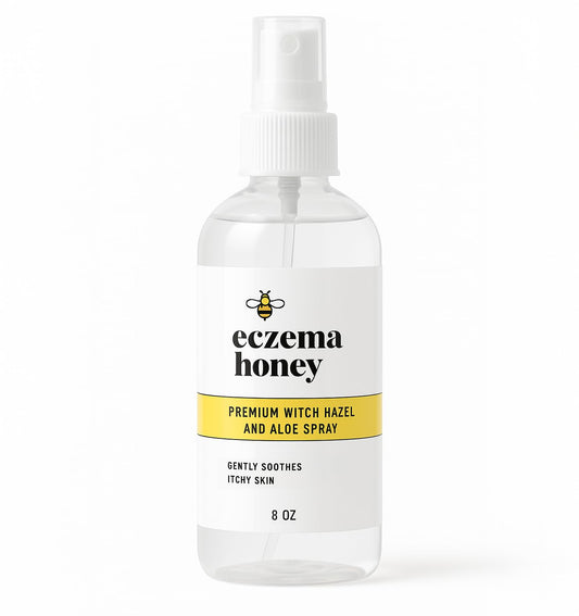 Eczema Honey Premium Witch Hazel Aloe Spray bottle provides unscented, soothing hydration for irritated skin.