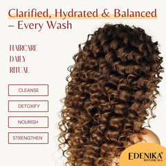 Edenika Botanicals conditioner close-up notes peach and raspberry oils.