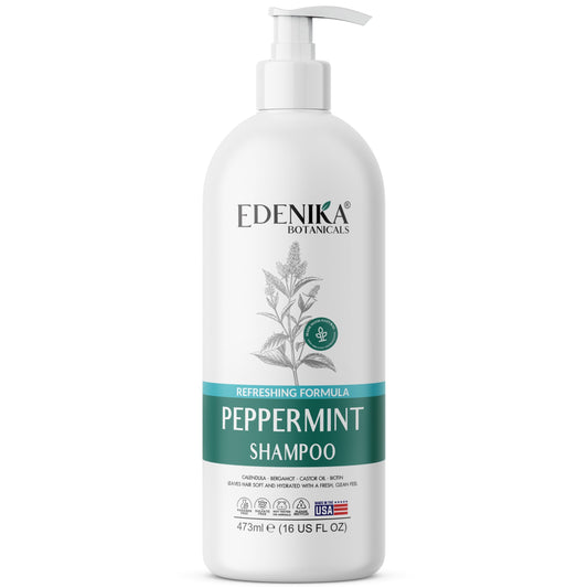 EDENIKA BOTANICALS Peppermint Shampoo bottle front shows refreshing cleanse and sulfate‑free care