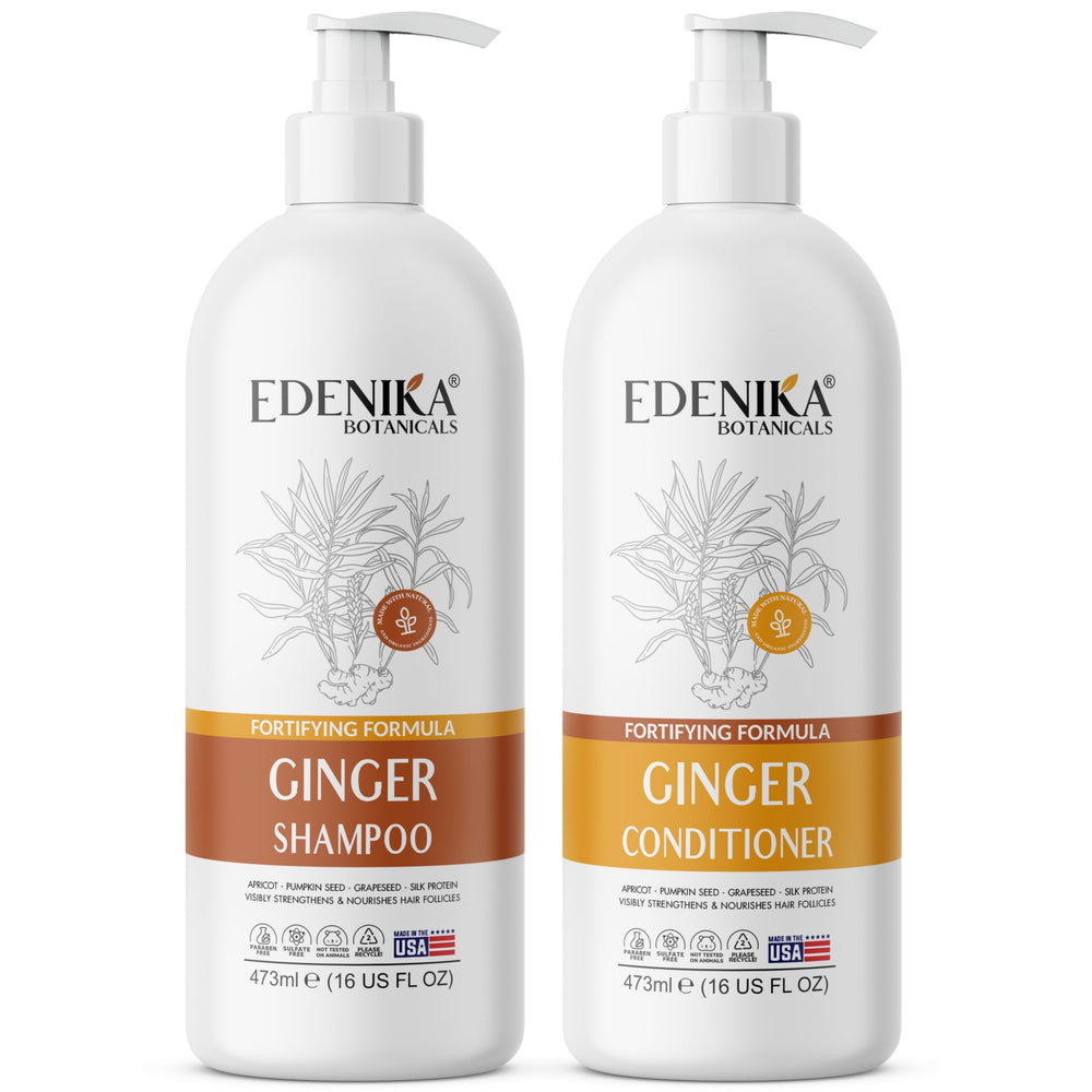 EDENIKA BOTANICALS Ginger Shampoo bottle pour, signaling gentle cleansing and scalp nourishment
