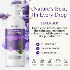 EDENIKA BOTANICALS Lavender Body Wash with lavender sprigs evokes spa-like relaxation.