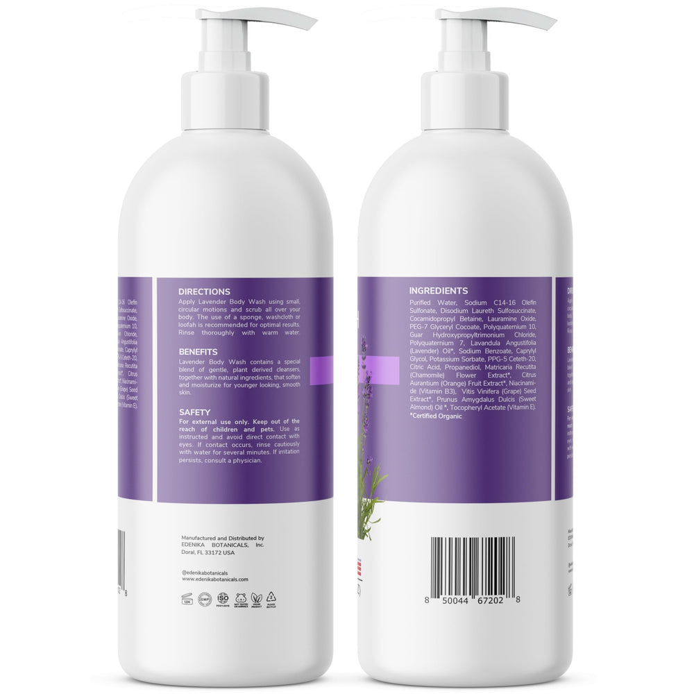 EDENIKA BOTANICALS Lavender Body Wash in a calm shower setting for daily rituals.