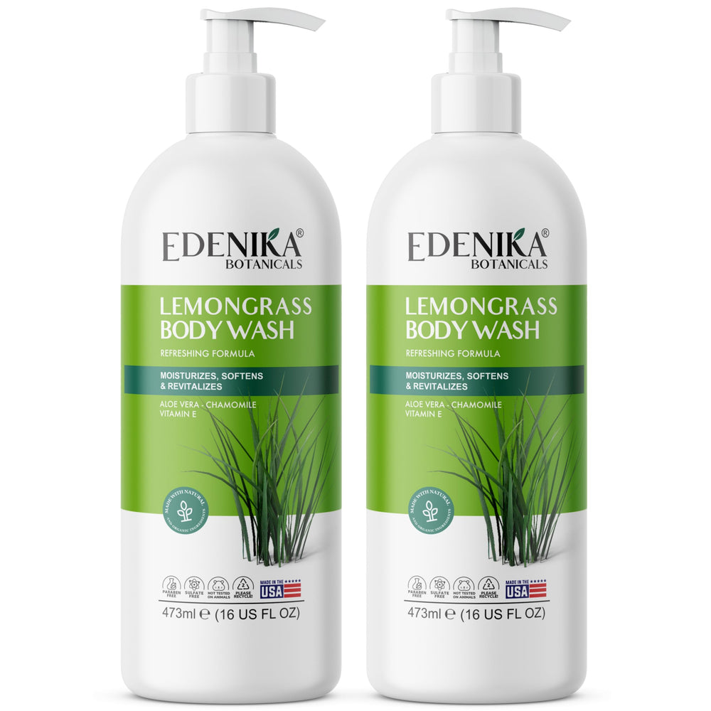 EDENIKA BOTANICALS Lemongrass Body Wash bottle showing refreshing formula for sensitive skin