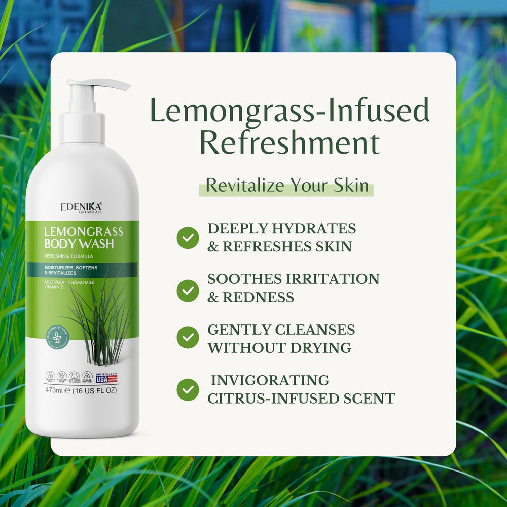 EDENIKA BOTANICALS Lemongrass Body Wash lather indicating citrus cleanse during daily showers