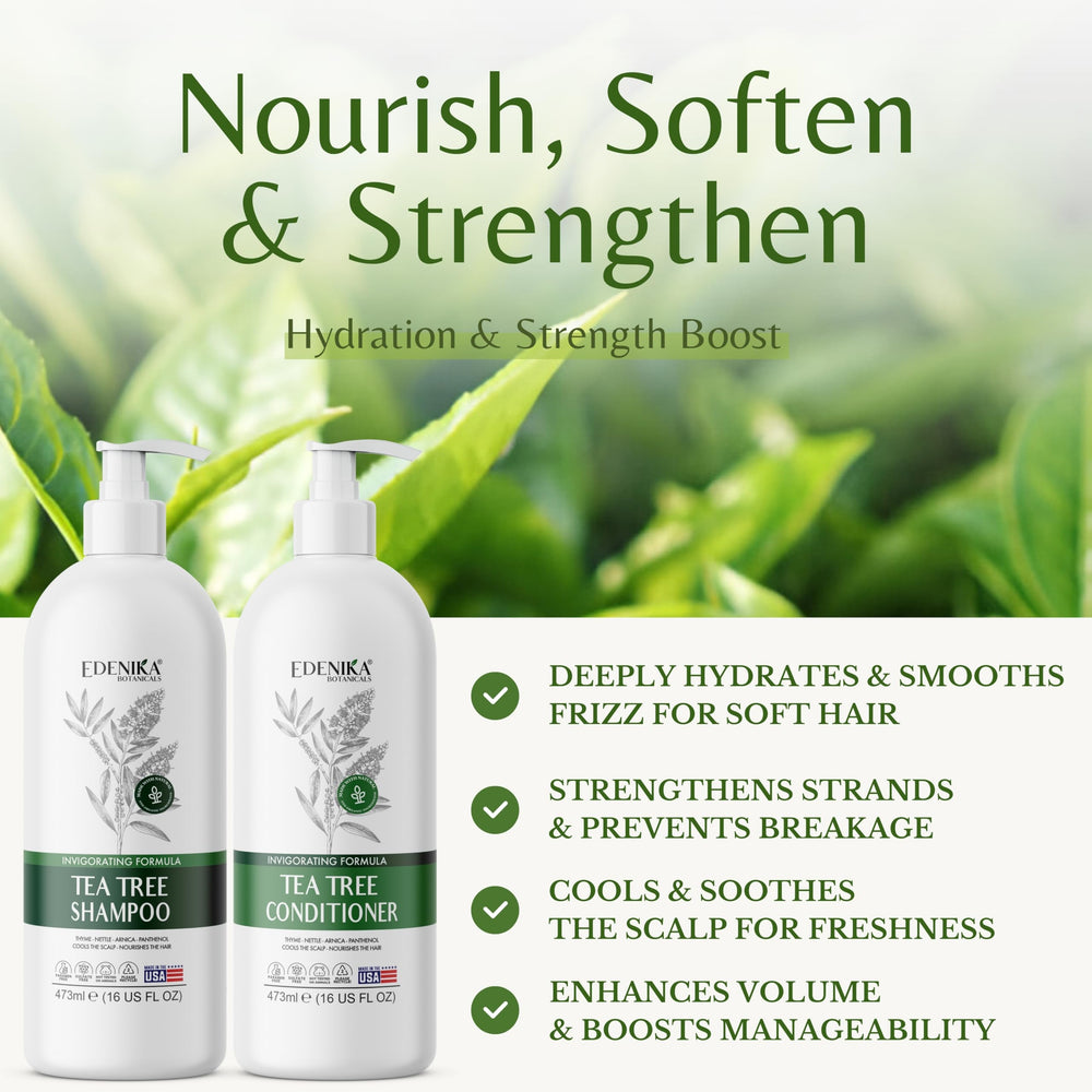 EDENIKA BOTANICALS Tea Tree Conditioner bottle highlights hydrating, detangling benefits