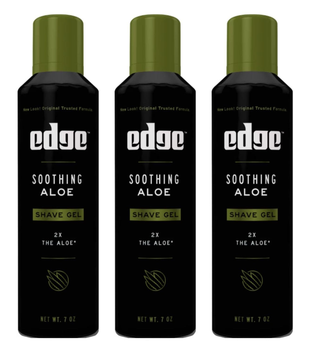Edge Soothing Aloe Shave Gel bottle front highlighting comforting hydration for sensitive skin.