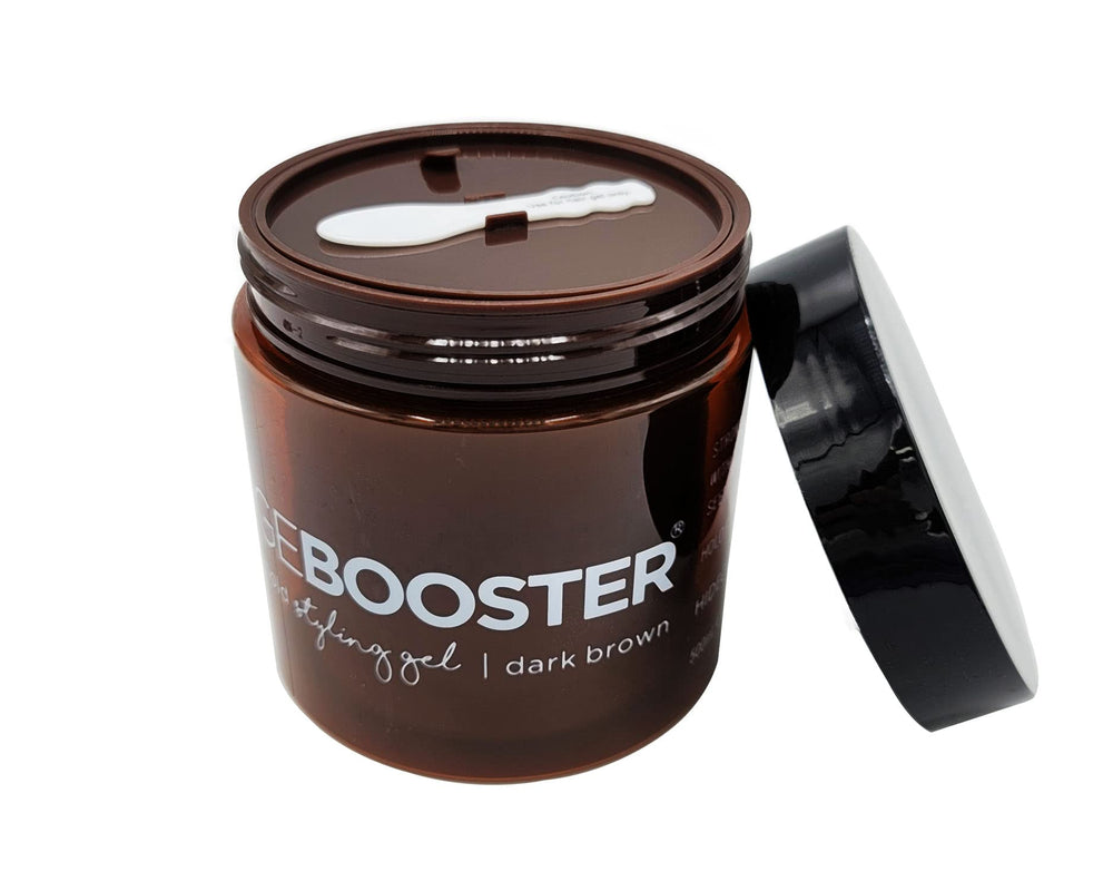 EDGEBOOSTER Hideout styling gel being applied to dry hair for defined styling.