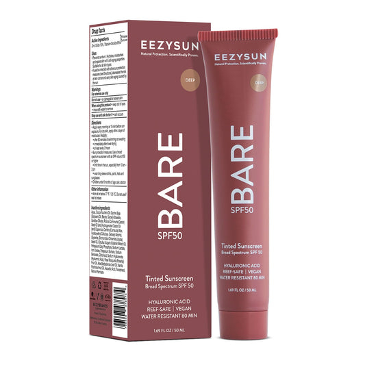 EEZYSUN BARE tinted sunscreen jar closeup with SPF 50 protection and hydrated glow