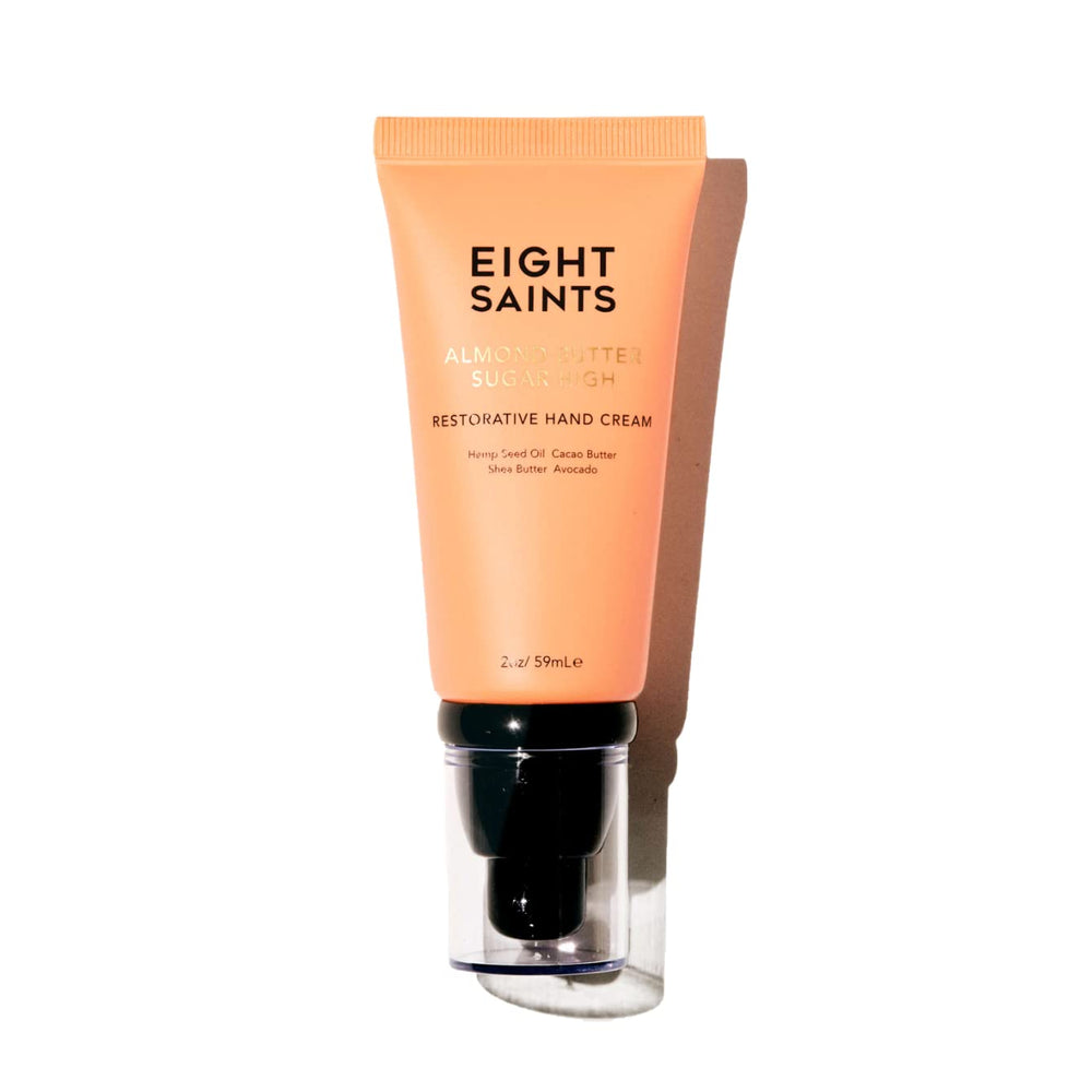 Eight Saints Almond Butter Sugar High Hand Cream jar delivering deep hydration for dry hands.