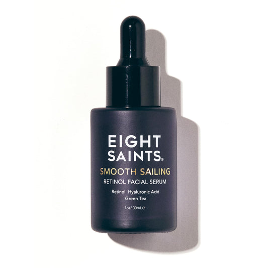 Eight Saints retinol serum bottle promoting smooth, hydrated skin.