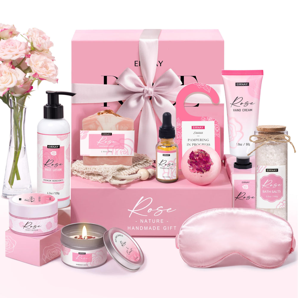 EIRNAY rose-petal soy candle for a calming home spa moment.