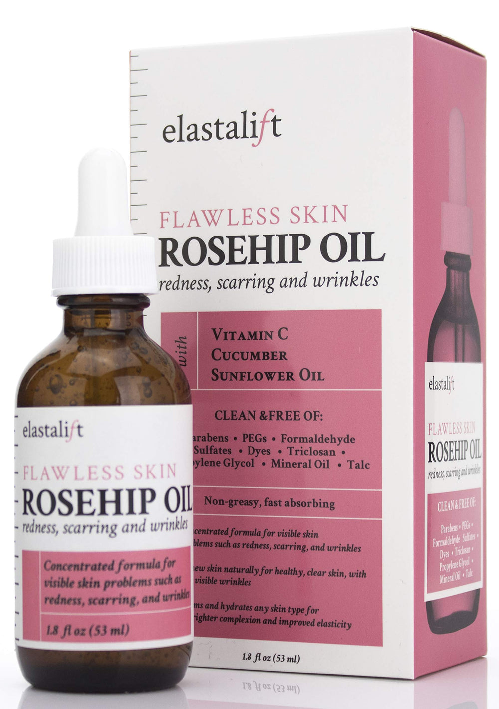 Elastalift rosehip oil ingredients with vitamin C and cucumber for brightening and soothing