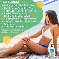 Elegant Sun Emerald Beaches cream texture close-up emphasizes aloe-based soothing hydration.