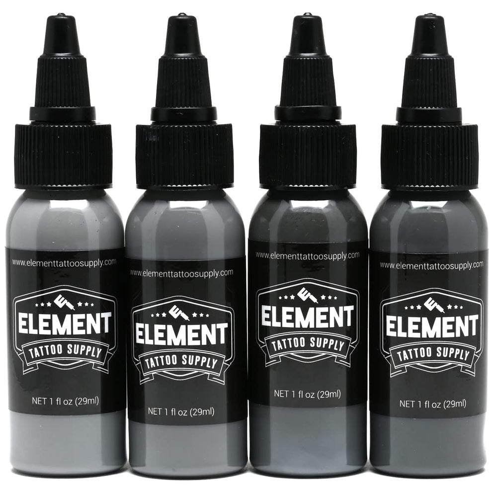 Element Tattoo Supply Battleship Gray ink set bottles for shading, blending, and consistency.