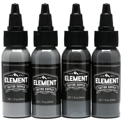 Element Tattoo Supply Battleship Gray ink set bottles for shading, blending, and consistency.